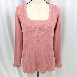 Ryegrass Scalloped‎ Sweater Womens Size Large Pink Square Neck Ribbed Cable Knit